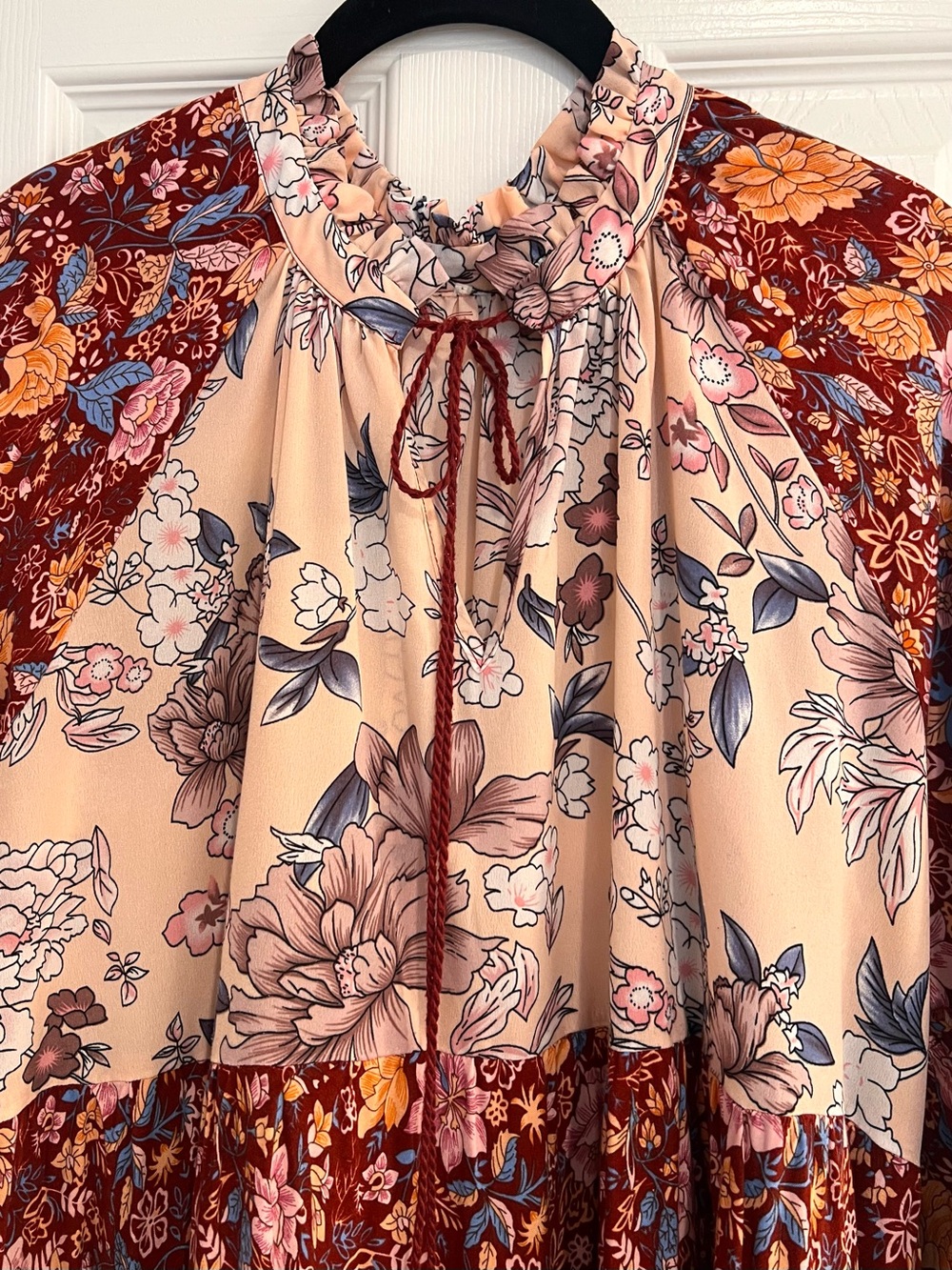 Umgee Mixed Print Boho Floral Tiered Long Sleeve Midi Dress Blush Burgundy Flowy - Picture 2 of 6